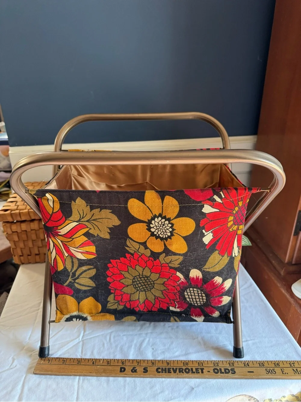 Vintage Boho Retro Floral Sewing/Fabric Storage Basket – Red, Yellow & Green